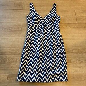 Milly of New York Navy Chevron White Stripe V-neck Cotton Sheath Dress Size 10